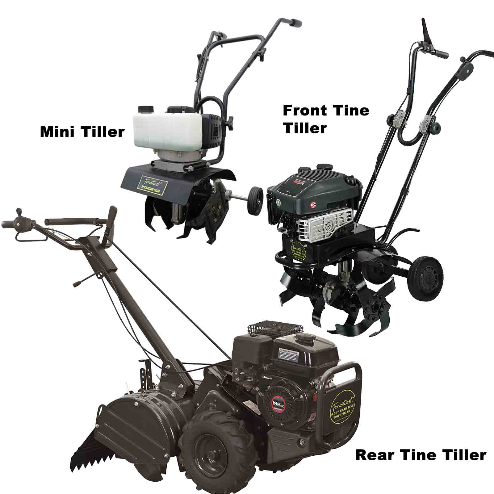 Front Tine Tillers, Rear Tine Tillers and Mini Tillers