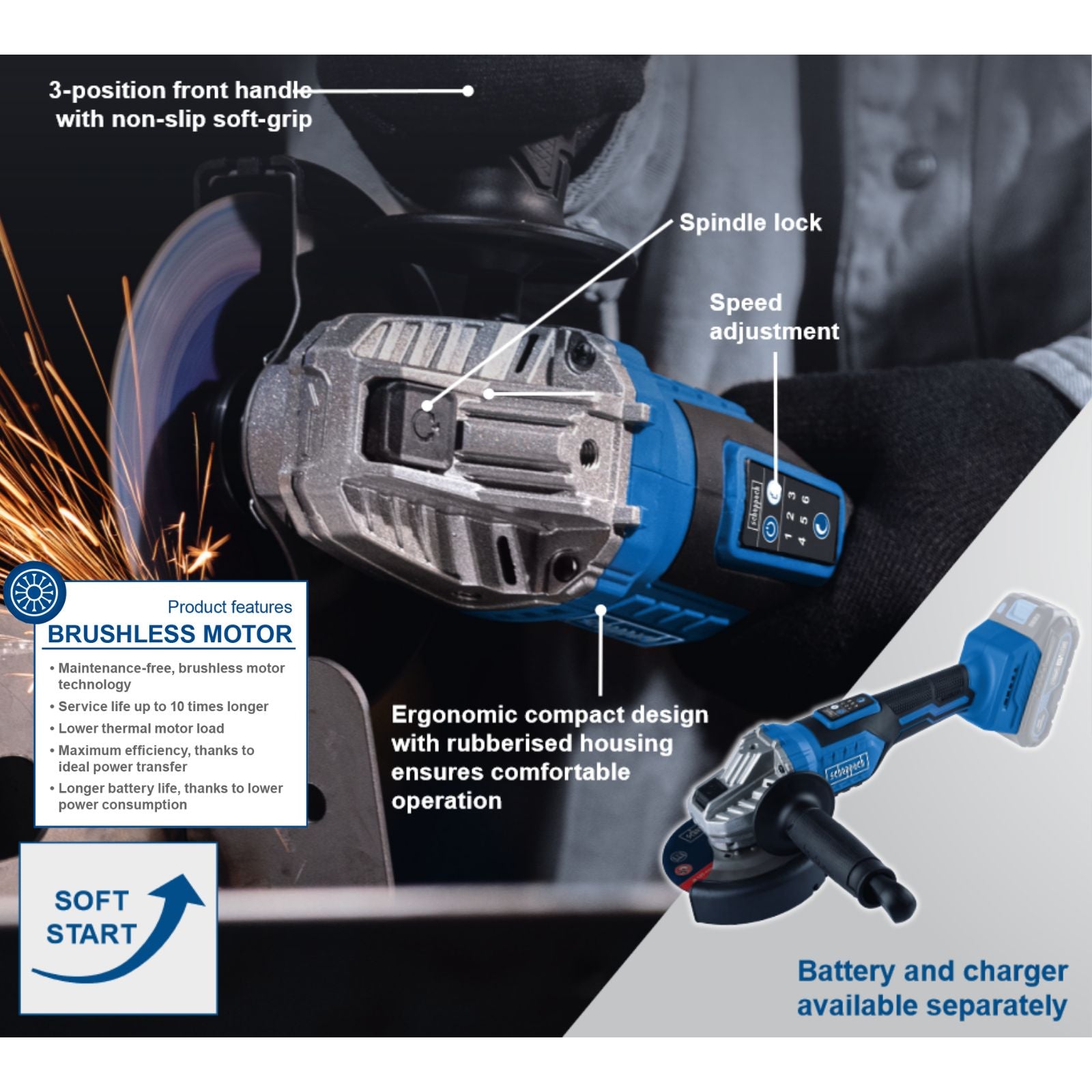 Scheppach 20V Cordelss Angle Grinder, BC-AG125-X (Skin Only) Scheppach