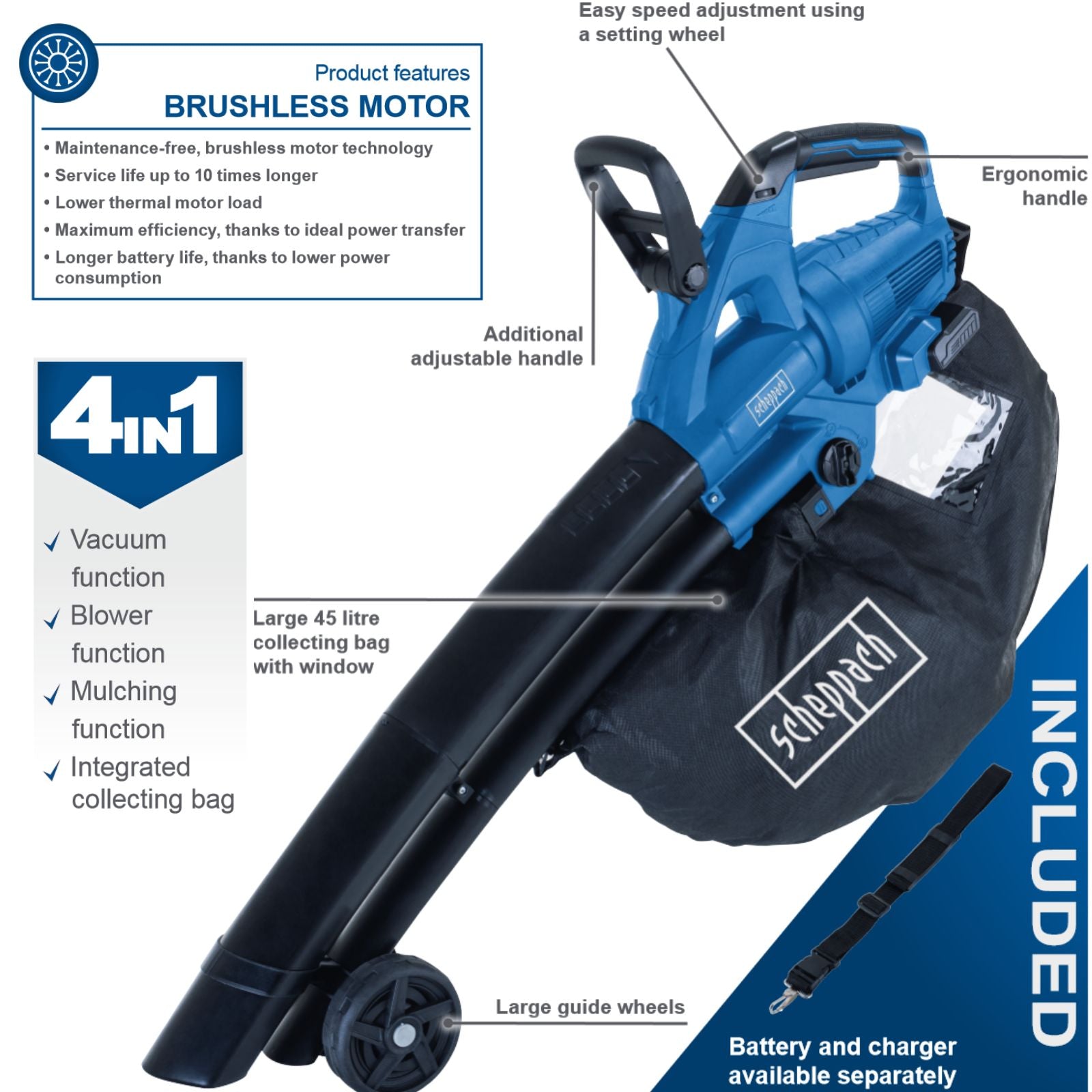 Scheppach 2x20V Cordless Leaf Vacuum/Blower/Shredder BC-BLV720-X (Skin Only) Scheppach