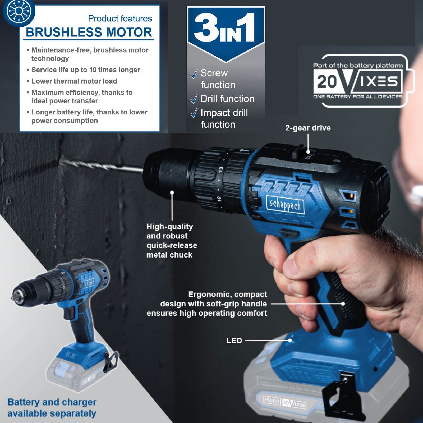 Scheppach 20V Cordless Impact Drill, BC-CD60-X (Skin Only) Scheppach