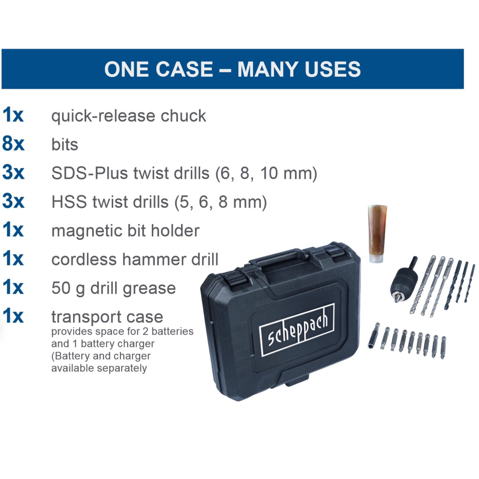 Scheppach 20V Hammer Drill with Drills & Bits C-RHD130-X (Skin Only) Scheppach