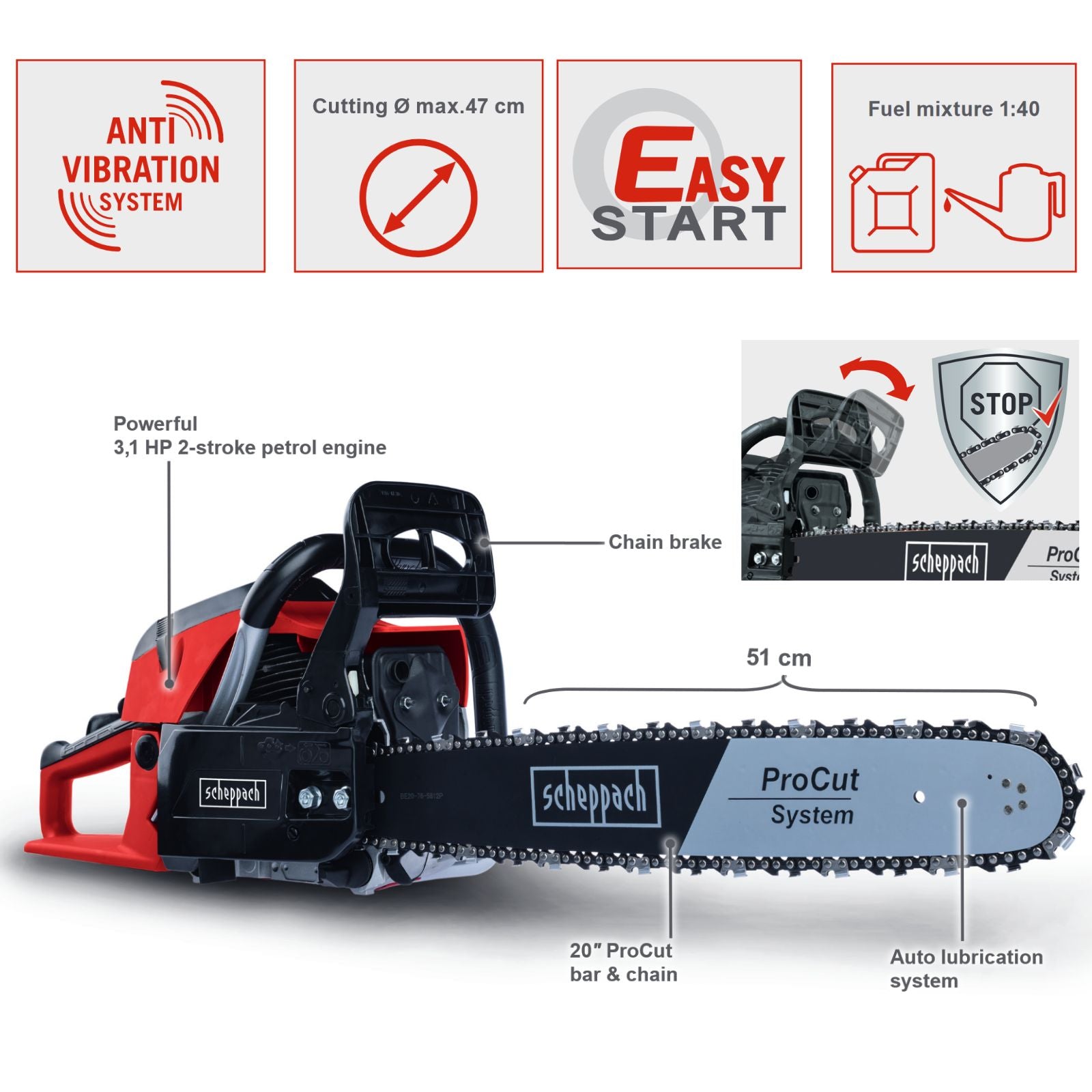 Scheppach 510mm Petrol Chainsaw PCS56 Scheppach