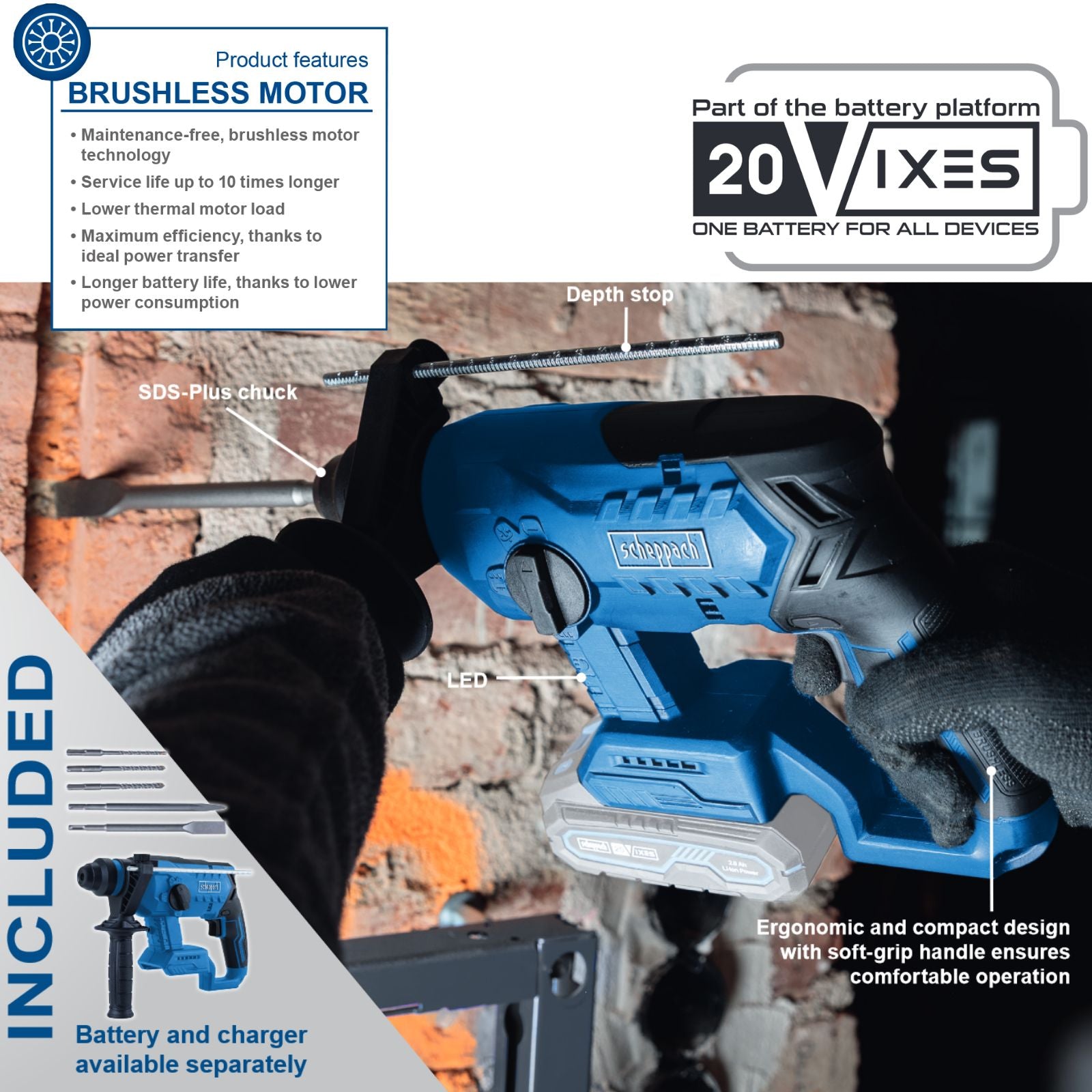 Scheppach 20V Hammer Drill with Drills & Bits BC-RHD230-X (Skin Only) Scheppach