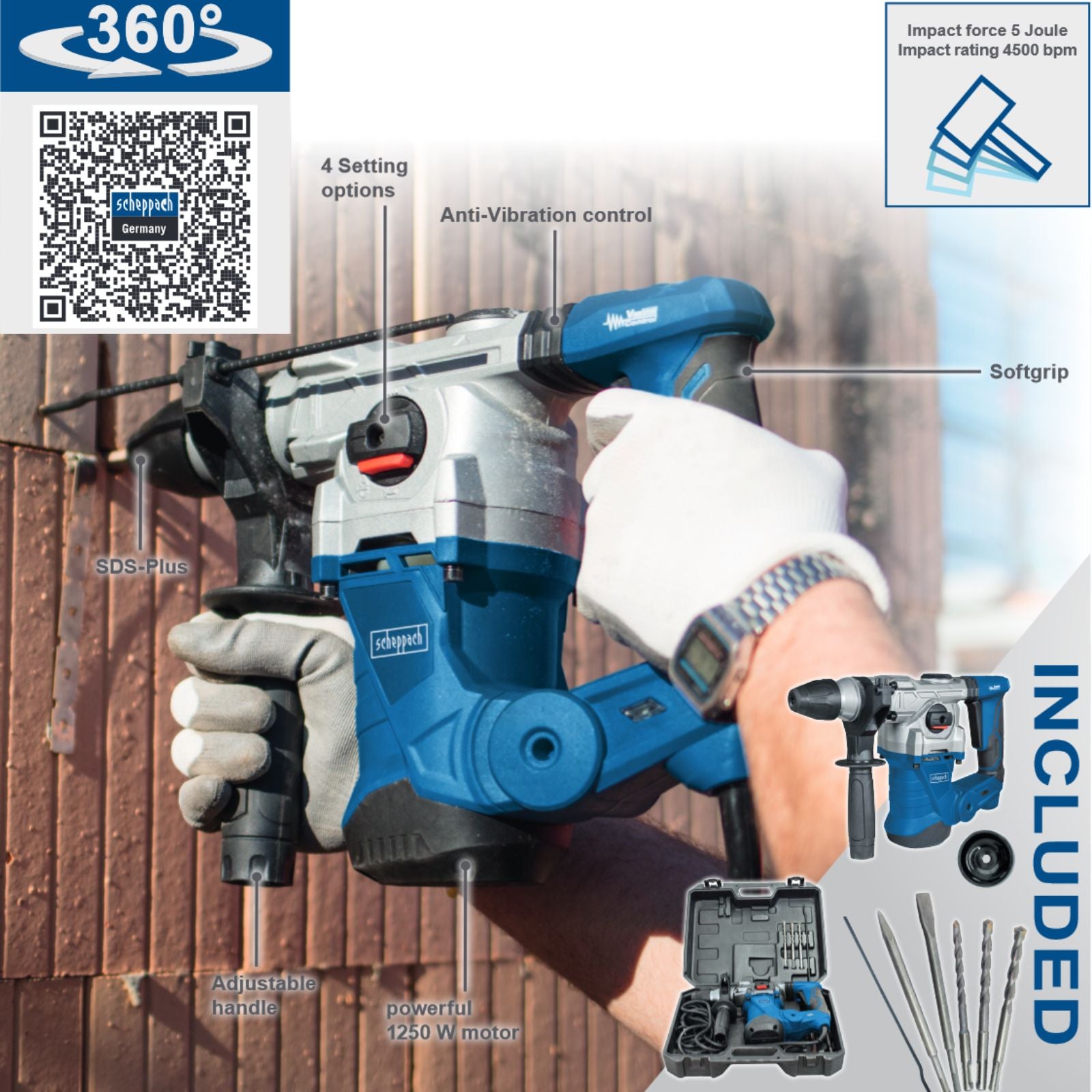Scheppach Hammer Drill with Accessory Kit DH1300PLUS Scheppach