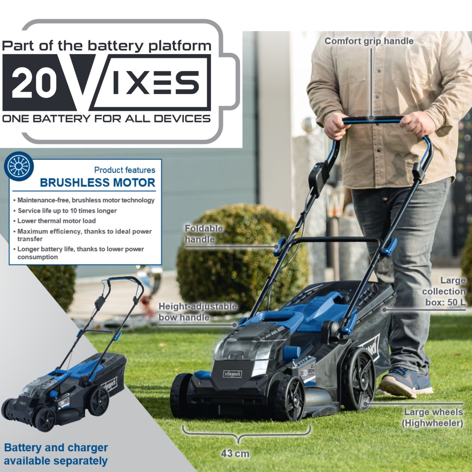 Scheppach 2x20V 430mm Cordless Lawn Mower BC-MP430-X (Skin Only) Scheppach