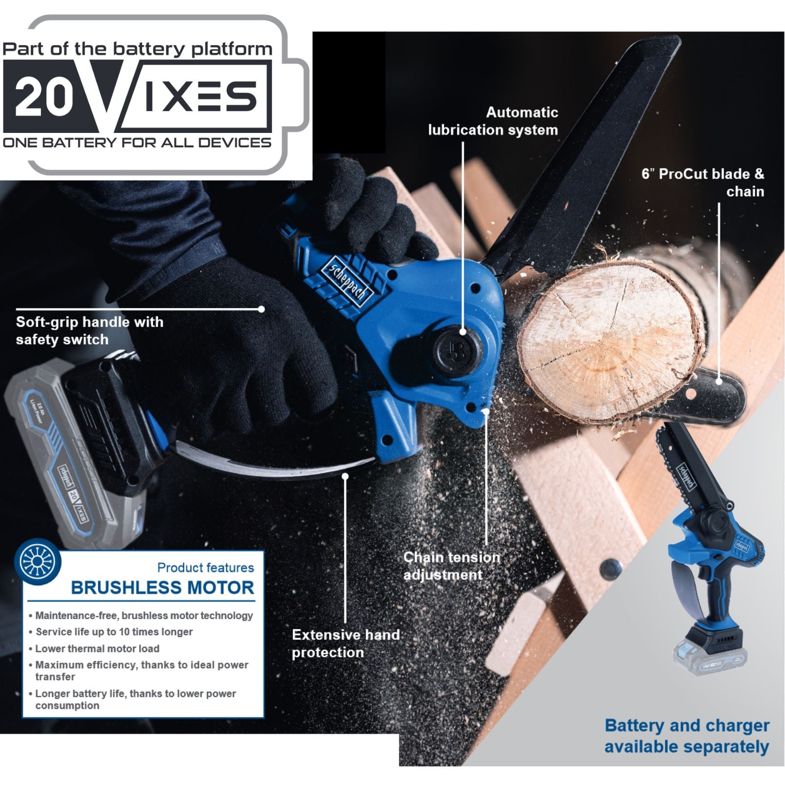 Scheppach 20V 430mm Cordless Mini Chainsaw BC-PS150-X (Skin Only) Scheppach