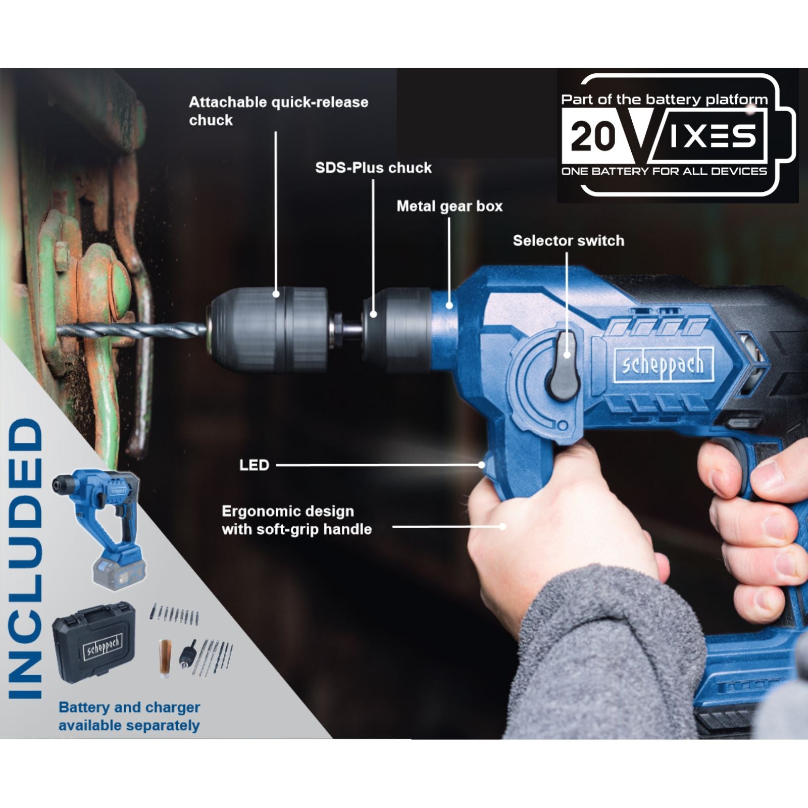 Scheppach 20V Hammer Drill with Drills & Bits C-RHD130-X (Skin Only) Scheppach